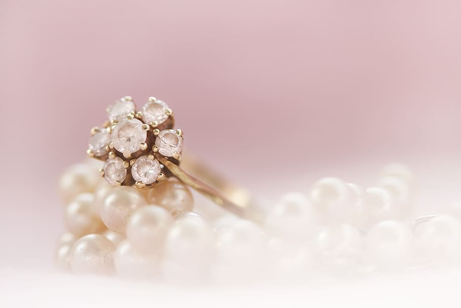 silver-colored, clear, gemstone, encrusted, flower ring, ring, gold, pearl, pearls, brilliant