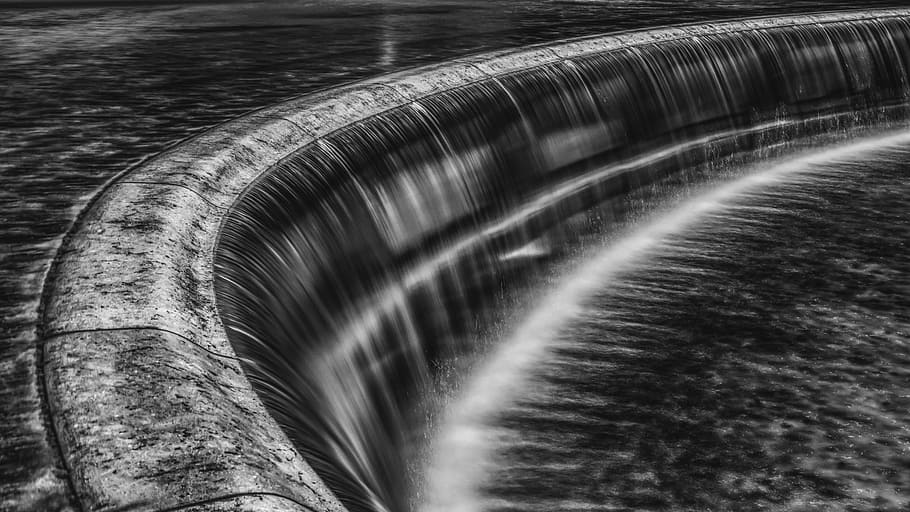 lapsed, time photo, dam, waterfall, black white, water, waters, water power, water running, mood
