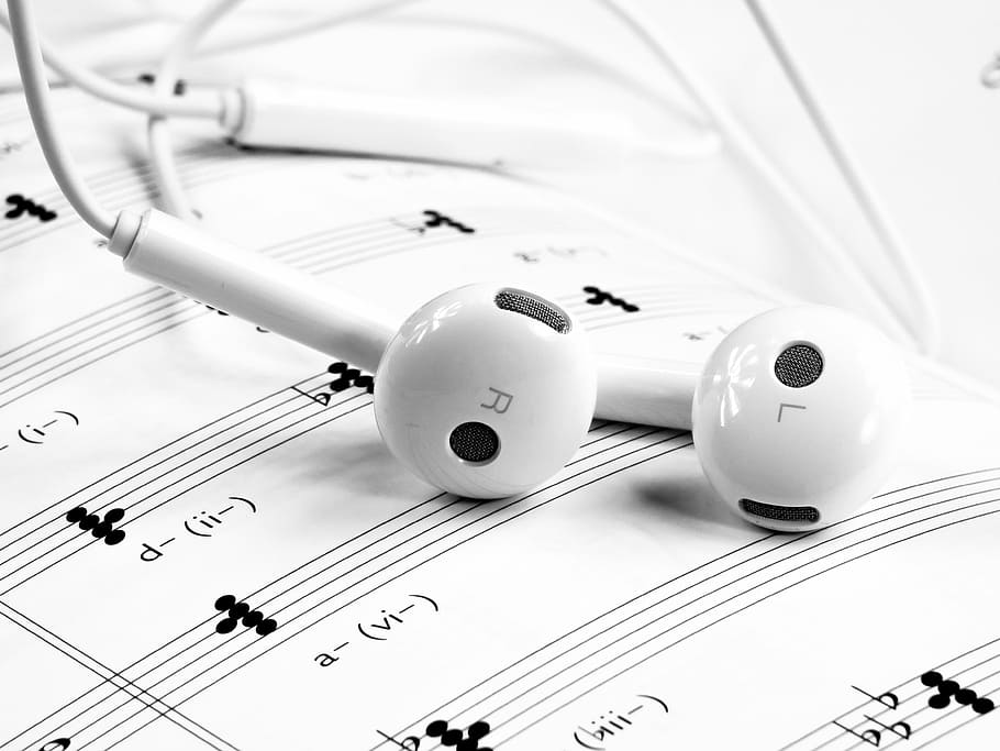 white apple earpods, music, headset, white, note, mobile, phone, noise, technology, musical note