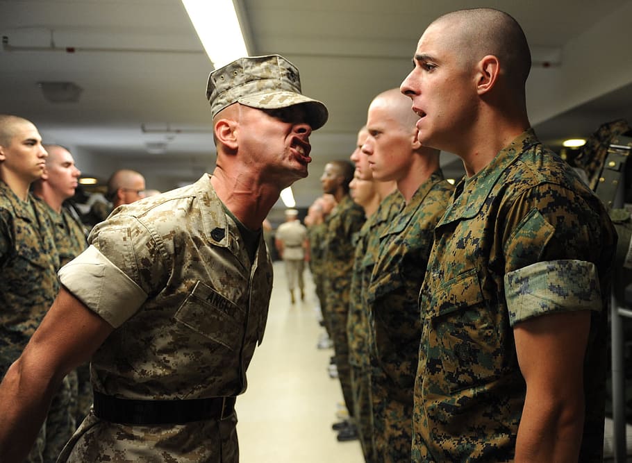 men, wearing, military, uniform, standing, inside, building, drill instructor, instructions, training