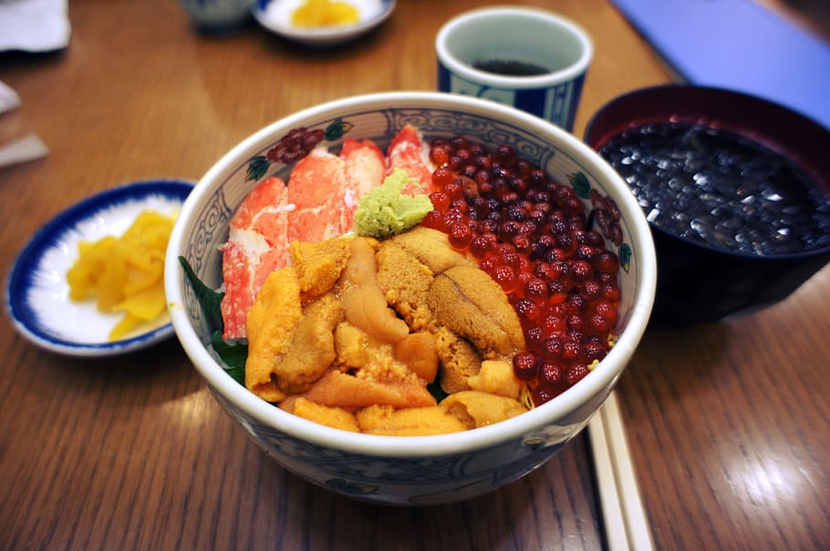 seafood rice, kai-sen-dong, food, food and drink, bowl, table, healthy eating, ready-to-eat, wellbeing, freshness