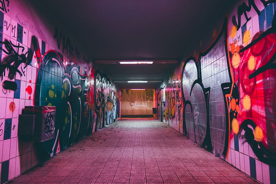 hallway with graffiti, tunnel, dark, night, road, light, modern, architecture, infrastructure, tiles