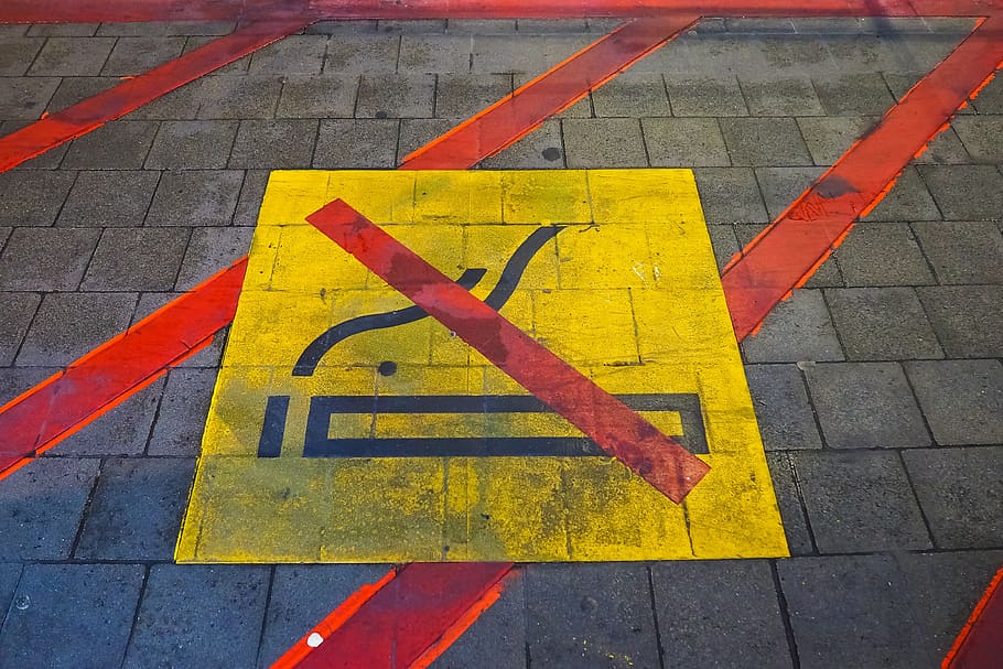 marca, pavimento, prohibición, prohibido, fumar, rojo, advertencia, símbolo, pintado, información