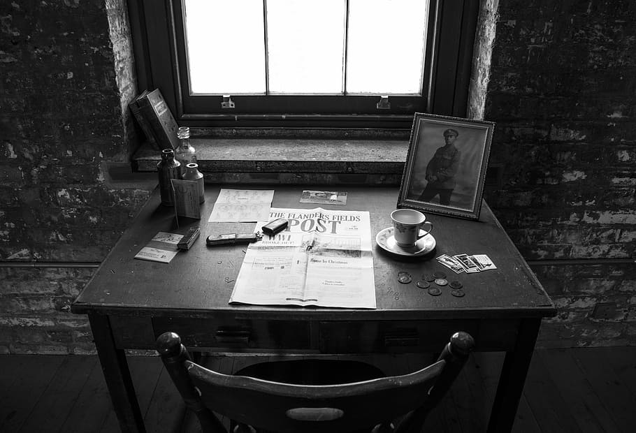 graycale photography, desk, chair, window, ww1, flanders, belgium, remembrance, world, war