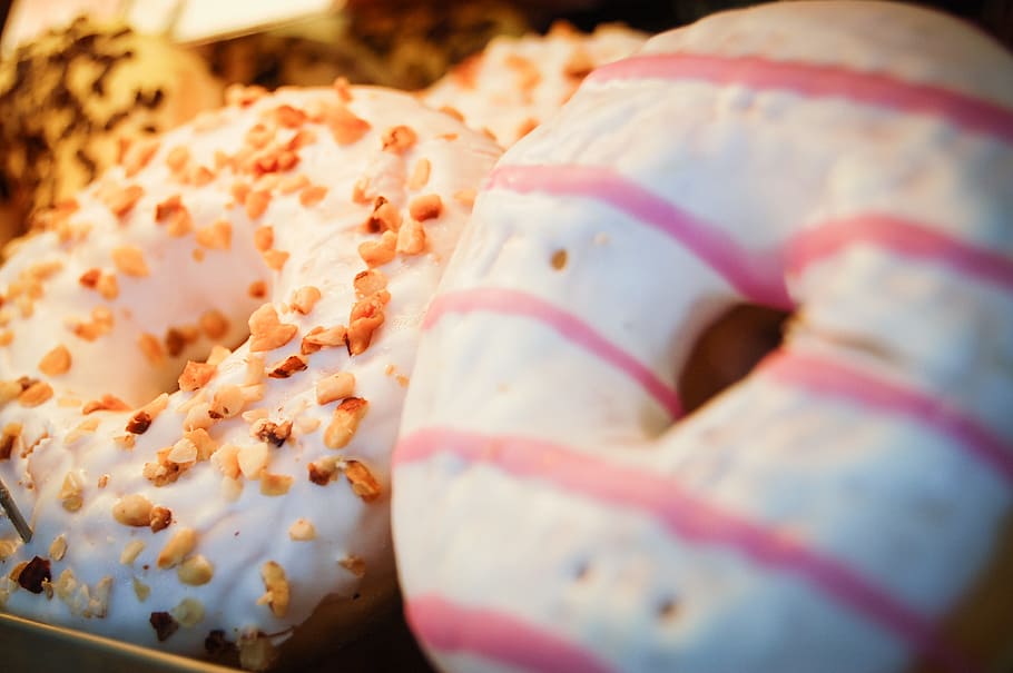 close-up photo, two, baked, doughnuts, donuts, sweets, pastries, pastry shop, cake, cakes