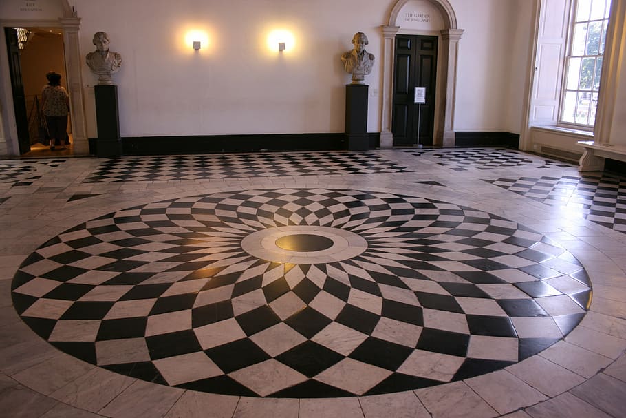 brown, wooden, door, closed, chess flooring, black and white floor, greenwich, london, floor, symmetry