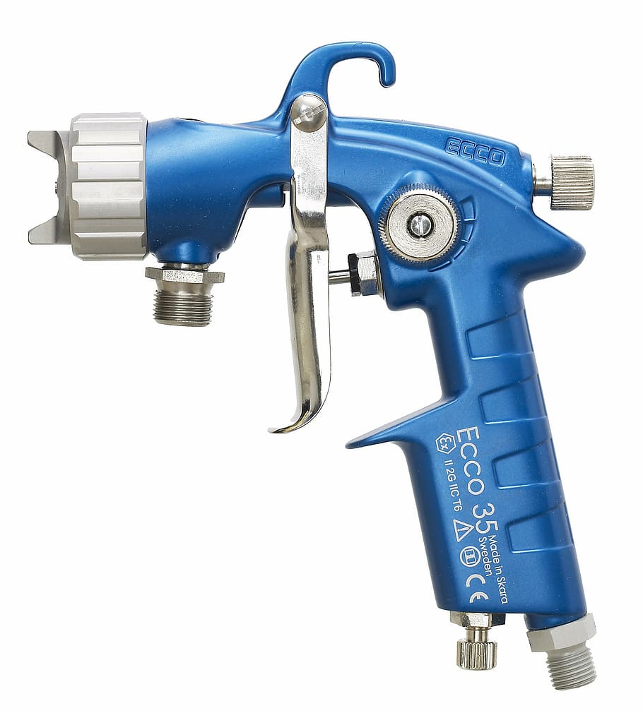 spray gun, färgpistol, airbrush, painting, nozzle, blue, white background, machinery, weapon, manufacturing equipment