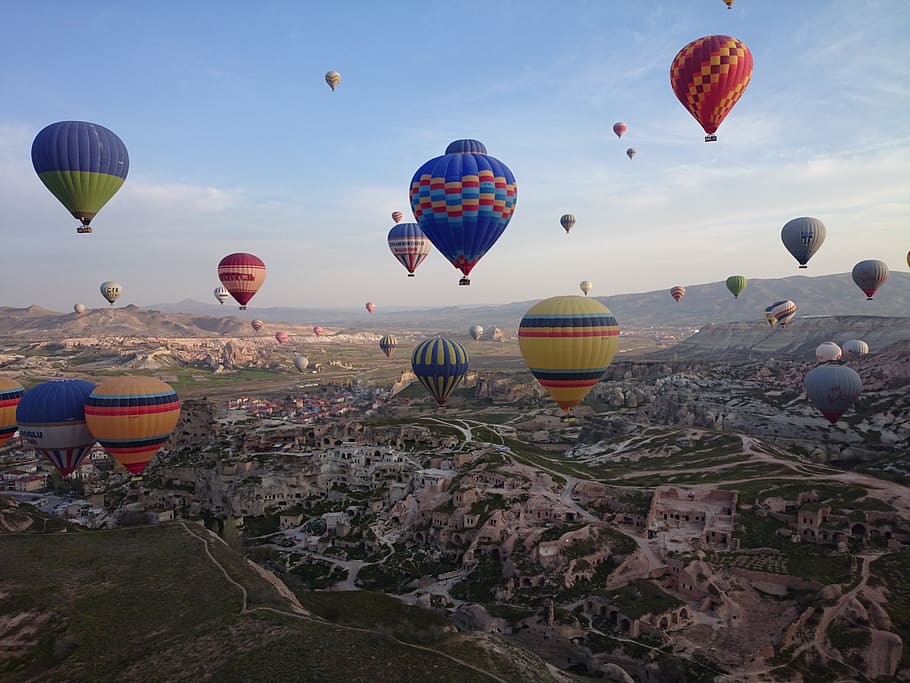aerial, view, hot, balon udara, siang hari, view udara, cappadocia, turkey, travel, landscape