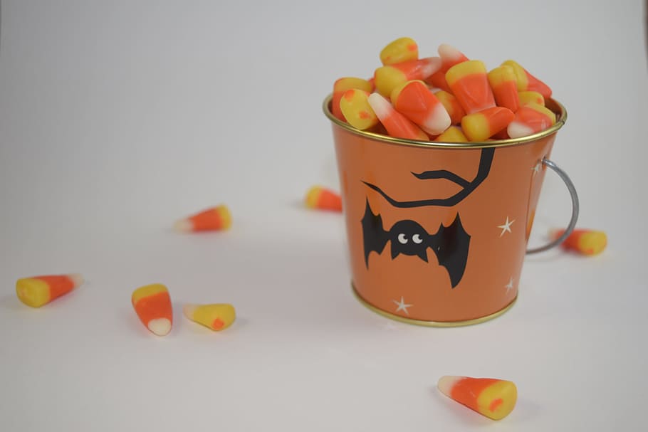 orange, halloween candy bucket, Candy Corn, Bucket, Halloween, candy, treat, sweets, bucket of candy, candy bucket