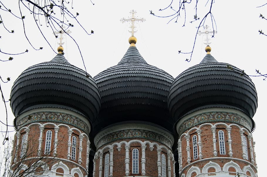 towers, cathedral, building, architecture, church, red brick, black onion domes, window slats, ornate, decorated in white
