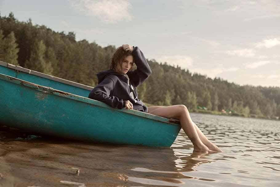 sitting, feet, water, summer, Girl, Canoe, beautiful, boat, photos, lake