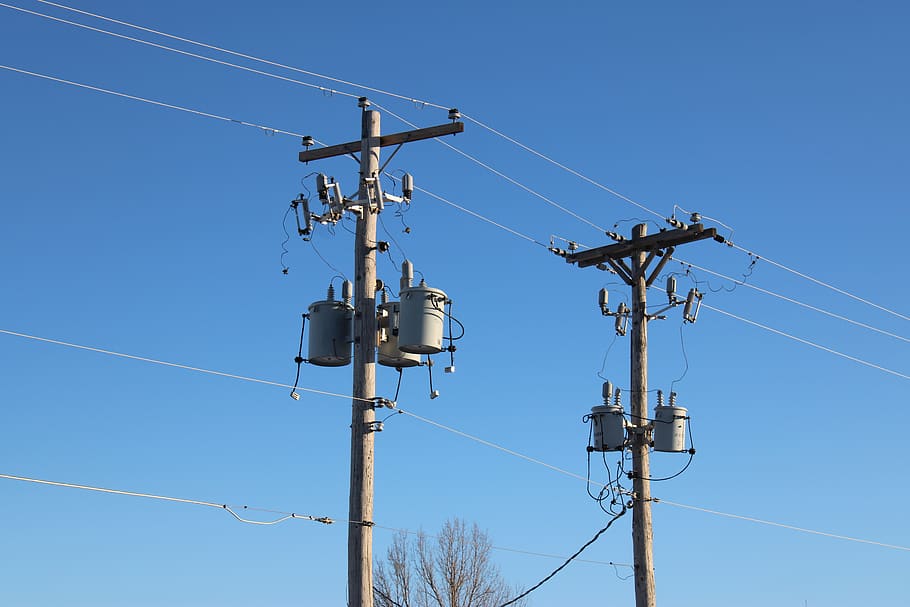 powerlines, electricity, supply, technology, poles, transformers, sky, blue, cable, connection