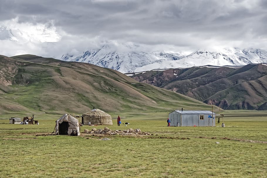 kyrgyzstan, nomads, yurts, graze, pamir, high mountains, plateau, mountains, sky, clouds