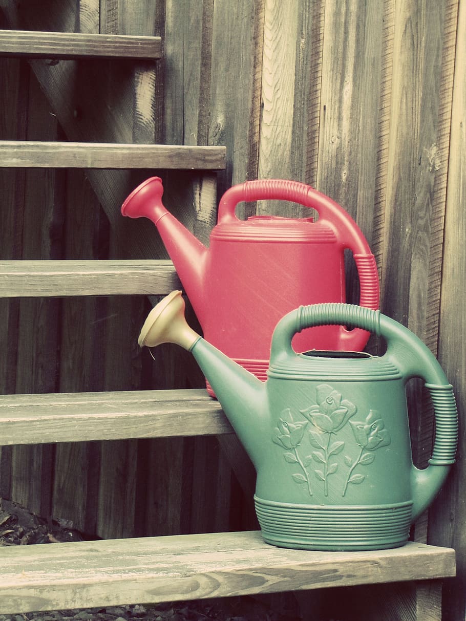 water, bucket, container, handle, pail, watering, garden, wood - material, watering can, red
