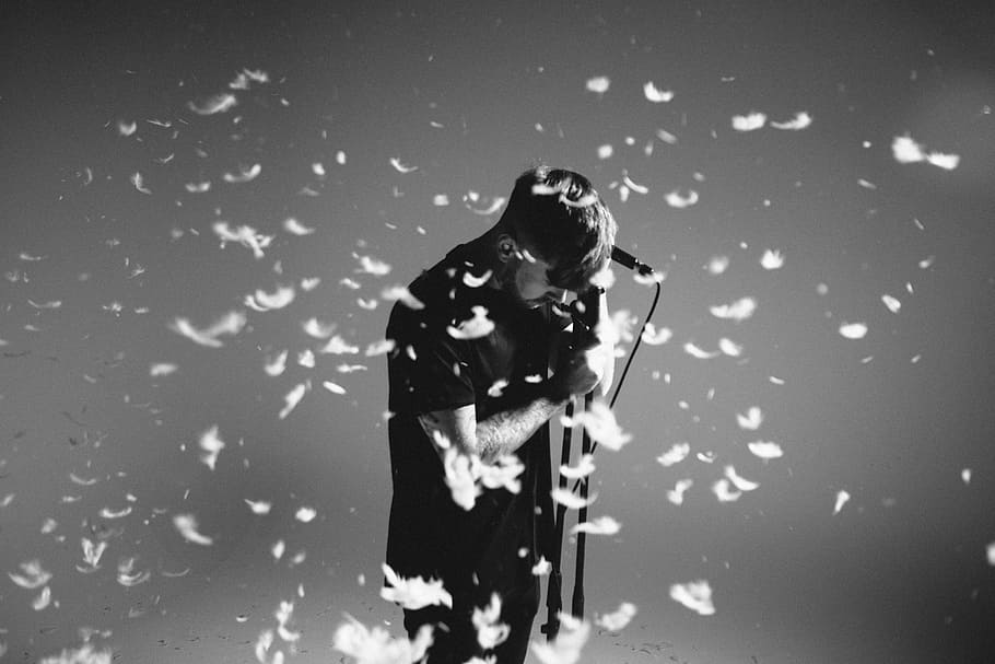 grayscale photography, man, holding, microphone, action, adult, confetti, feathers, motion, music