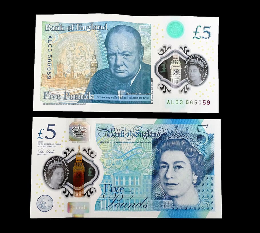 Nota de banco, nota de cinco libras, numerário, dinheiro, libra, britânico, finança, negócio, nota, bancário
