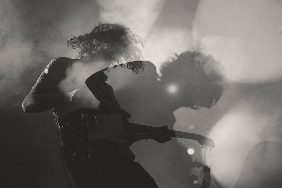 man, playing, electric, guitar, silhouette, person, people, musician, stage, concert