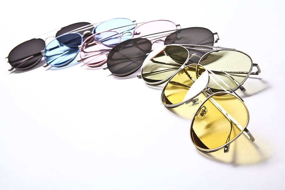 assorted, aviator sunglasses, silver frames, sunglasses, constitute, color, yellow, curve, fashion, copy space