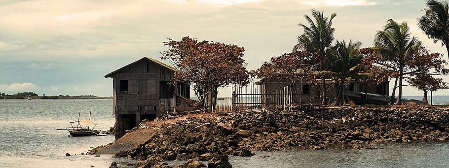 boats, outrigger, sea, island, outcrop, huts, coconut palms, philippines, stilt house, rocks