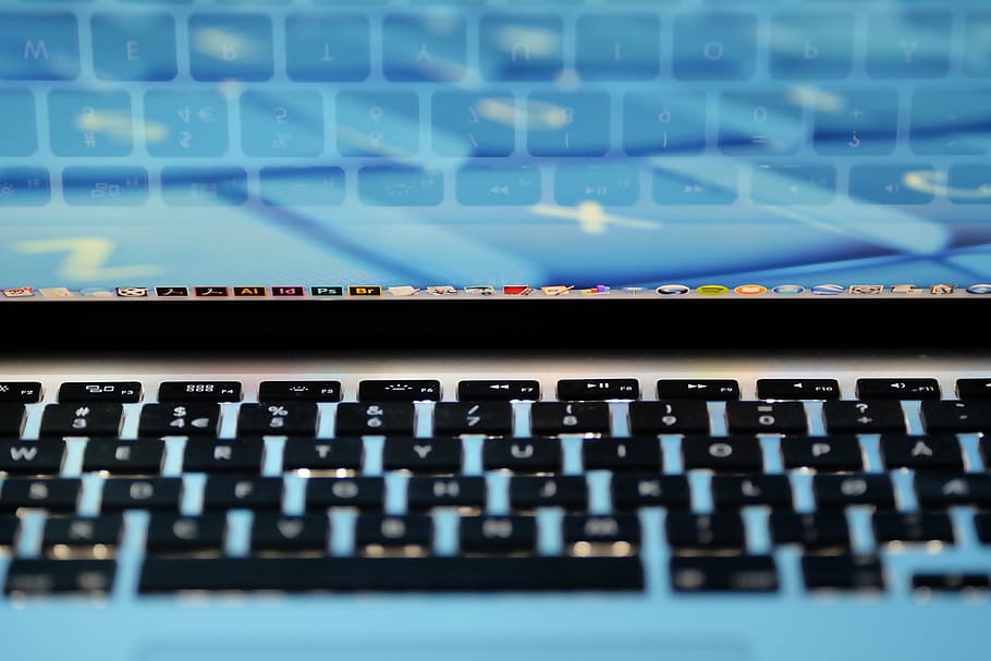 macbook, pro, blue, wallpaper, close, turned, laptop, apple, keyboard, technology