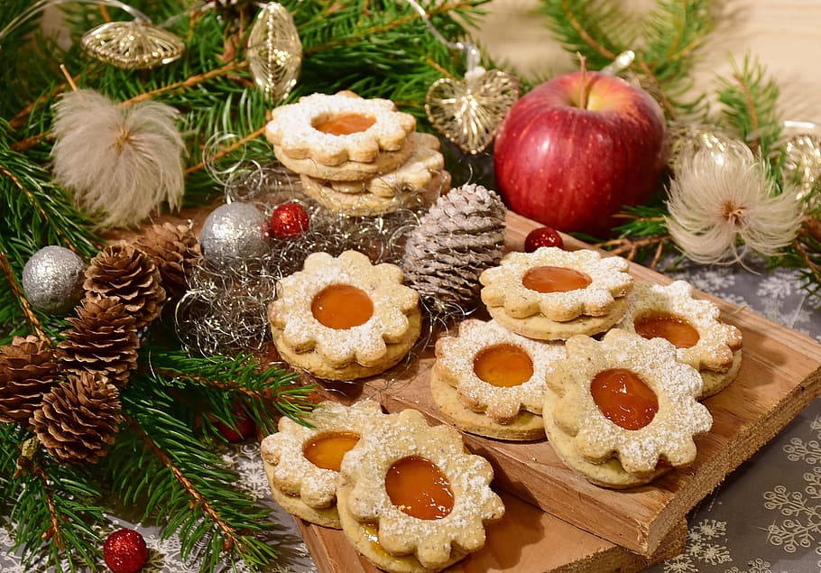 galletas, marrón, de madera, bandeja, madura, manzana, galleta, galletas de navidad, hornear, picar
