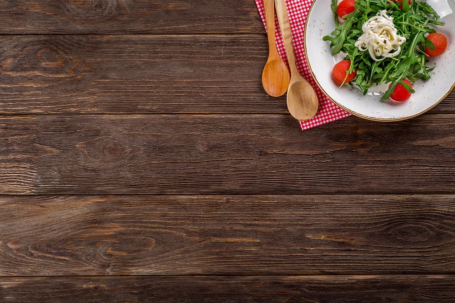 salad, white, ceramic, plate, brown, wooden, table, background, food, tasty