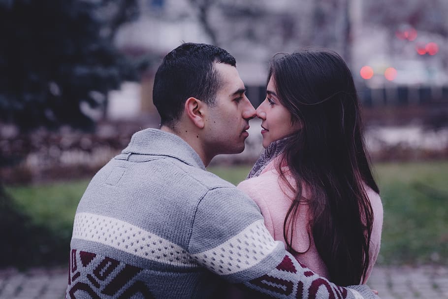 selective, focus photography, man, woman, touching, nose, people, couple, love, kiss