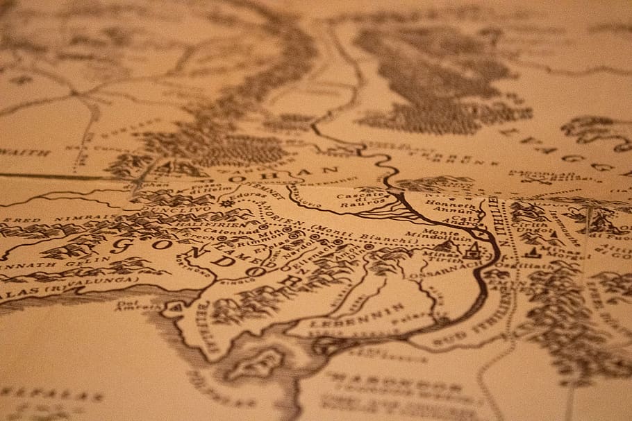 middle earth, lord of the rings, gondor, map, close-up, selective focus, world map, travel, direction, full frame