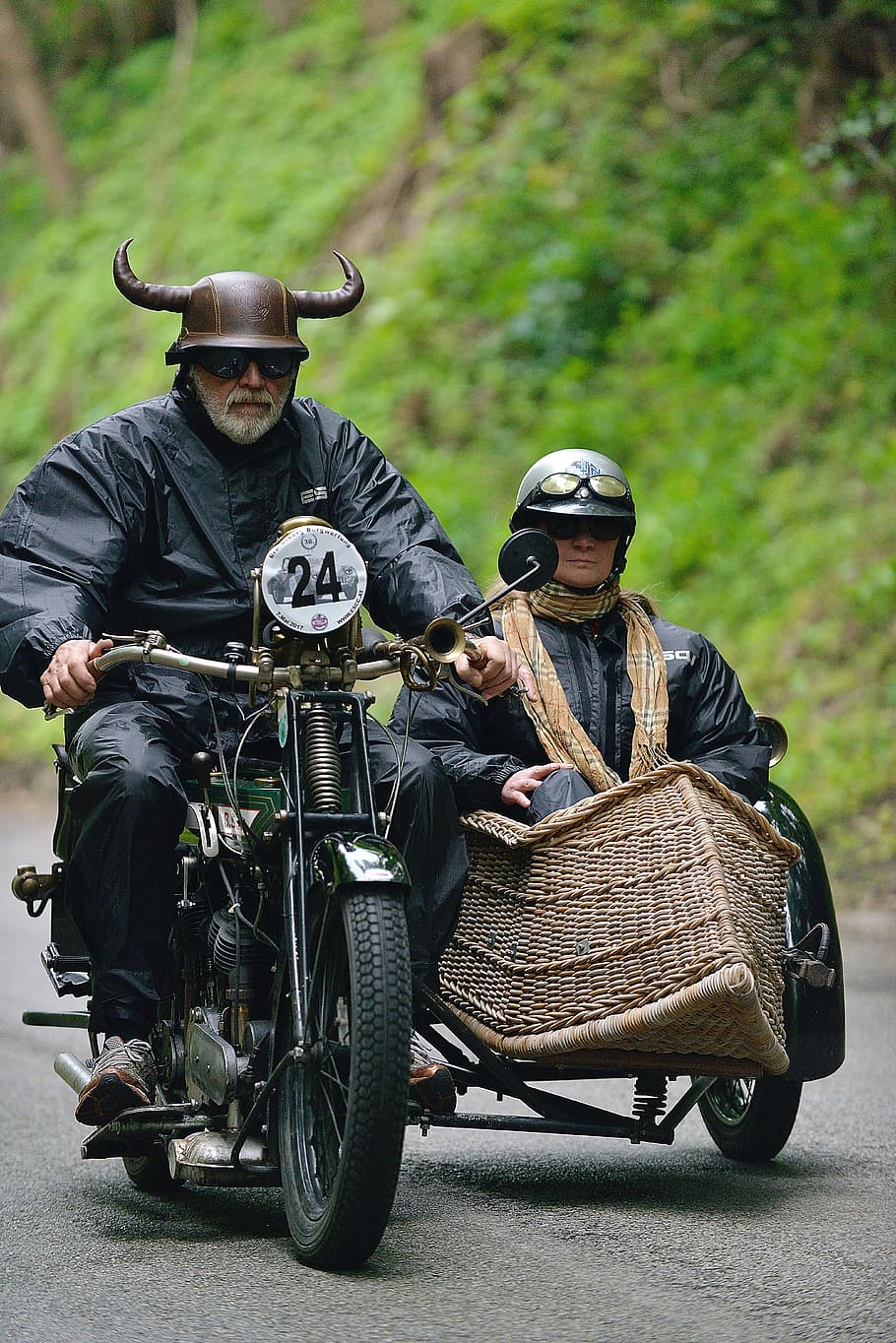 man, riding, motorcycle, viking helmet, sitting, sidecar, vehicle, motorcyclist, biker, motorcycles