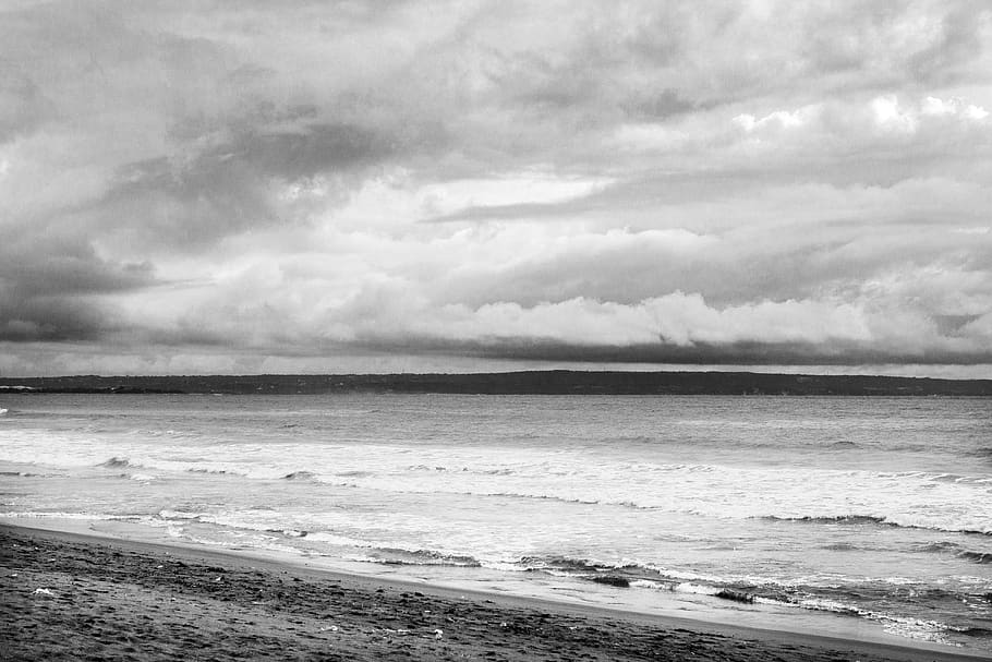 black, white, grey, sky, clouds, water, beach, waves, sand, sea