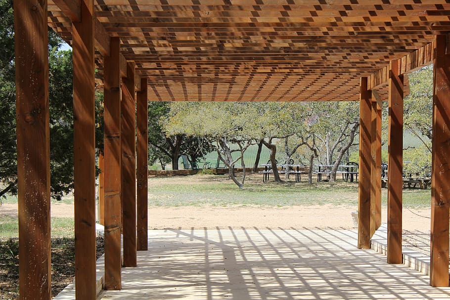 brown wooden structure, pergola, grape arbor, winery, architecture, built structure, day, wood - material, nature, sunlight