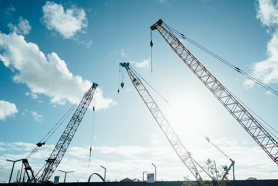 three, crane machines, white, clouds, daytime, cranes, construction, building, industry, steel