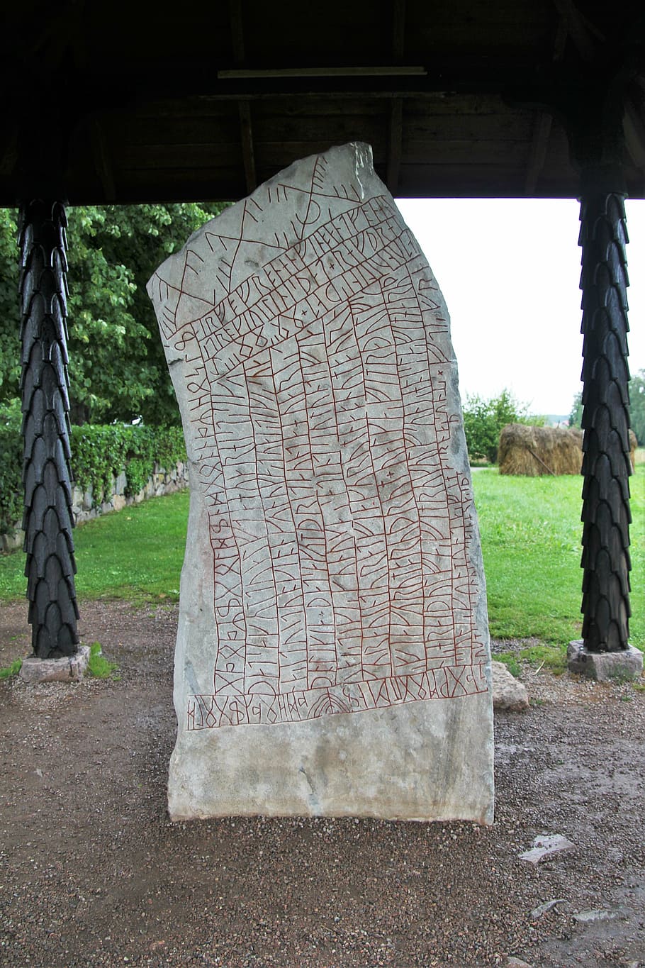 monument, sweden, rune, rune stone, day, plant, tree, nature, grass, architecture
