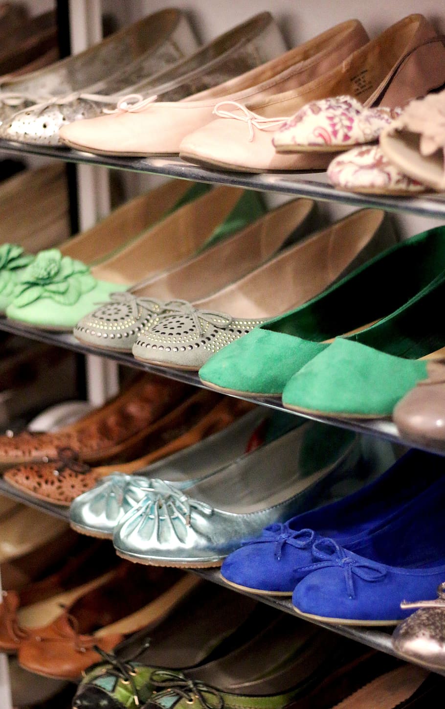assorted, pairs, flats, shoes, shoe cabinet, women's shoes, ballerinas, shoe shelf, women, color