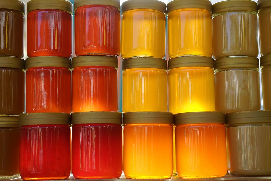 clear, glass mason jars, honey, honey jars, forest honey, flower honey, back light, honey yellow, bottled, colorful