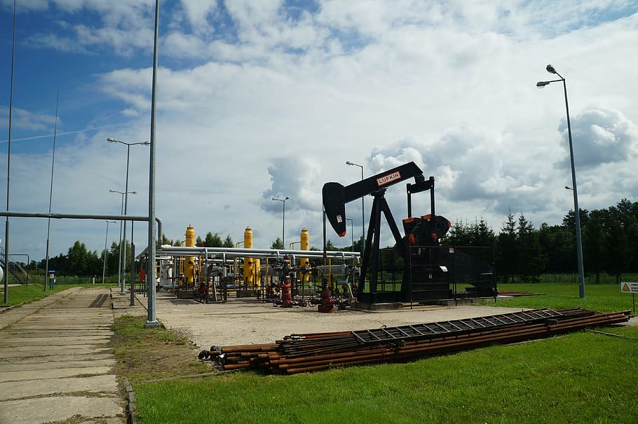 black, oil rig, green, field landscape photography, crude oil mine, pumpjack, natural gas, sky, cloud - sky, track