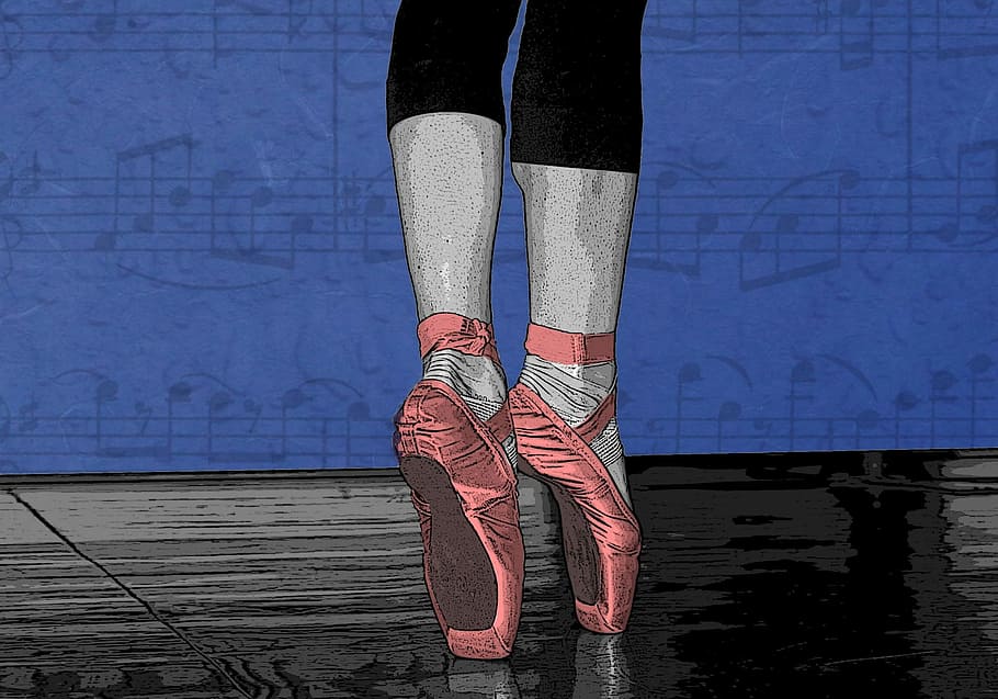 de pie, bailarina, rojo, ilustración de zapatos, zapatos rojos, ilustración, ballet, baile, la punta de los pies, sección baja