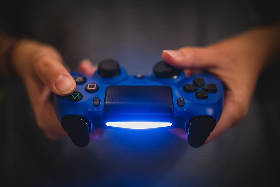 person, holding, blue, sony dualshock 4, sony, playstation, ps4, video games, gaming, controller