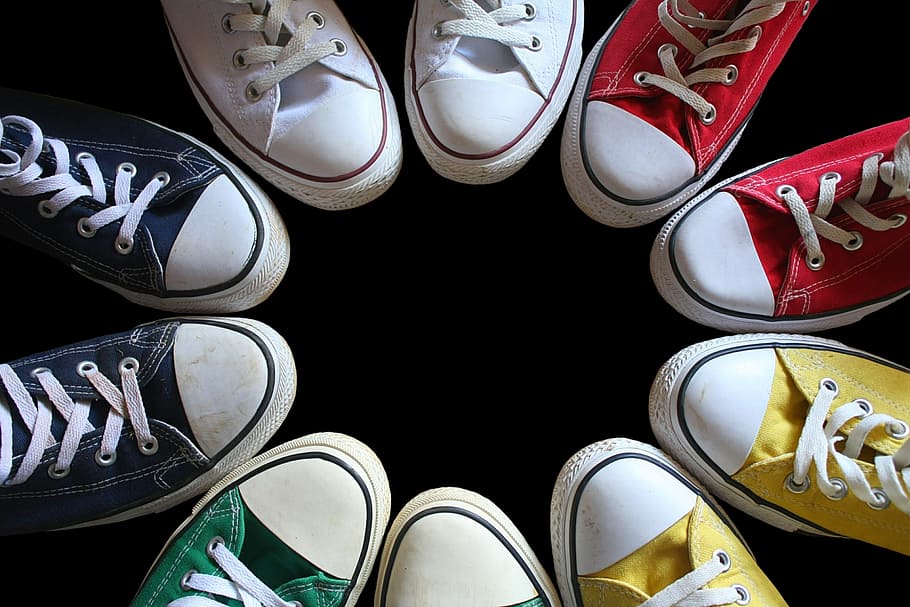 five, pairs, assorted-color, converse, all-star, sneakers, formed, circle, chuck's, sneaker