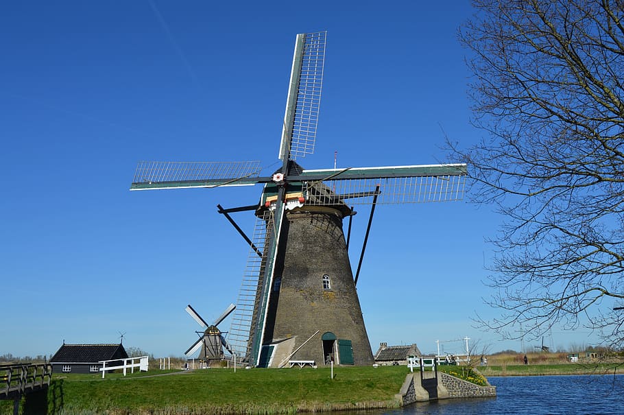 Mill, Mills, Kinderdijk, Belanda, lansekap, rumput, langit biru, hijau, padang rumput, parit