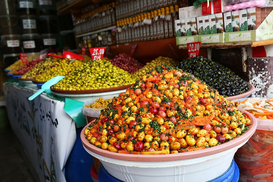 seikat buah-buahan, maroko, zaitun, pasar, arab, tradisional, bepergian, marrakech, panas, makanan