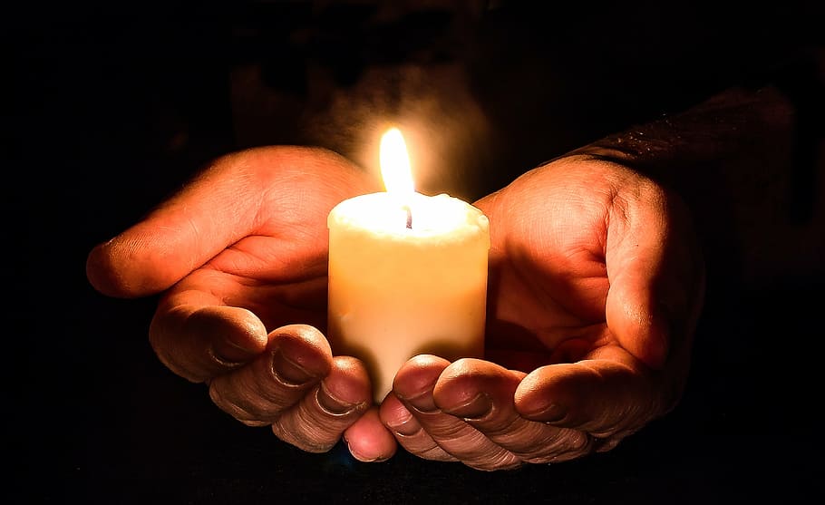 person, holding, pillar, candle, two, hands, open, candlelight, light, prayer