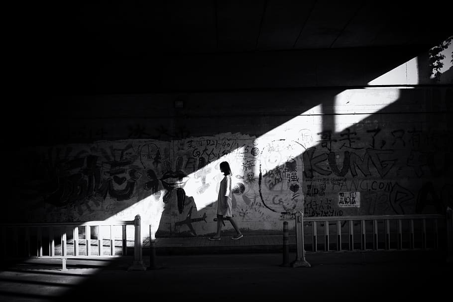 light, black and white, beam, graffiti, people, walk, sunshine, urban, under the bridge, street