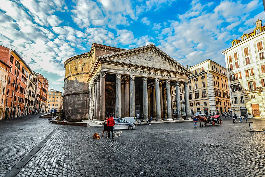 people, standing, beige, concrete, building, white, clouds, daytime, rome, pantheon