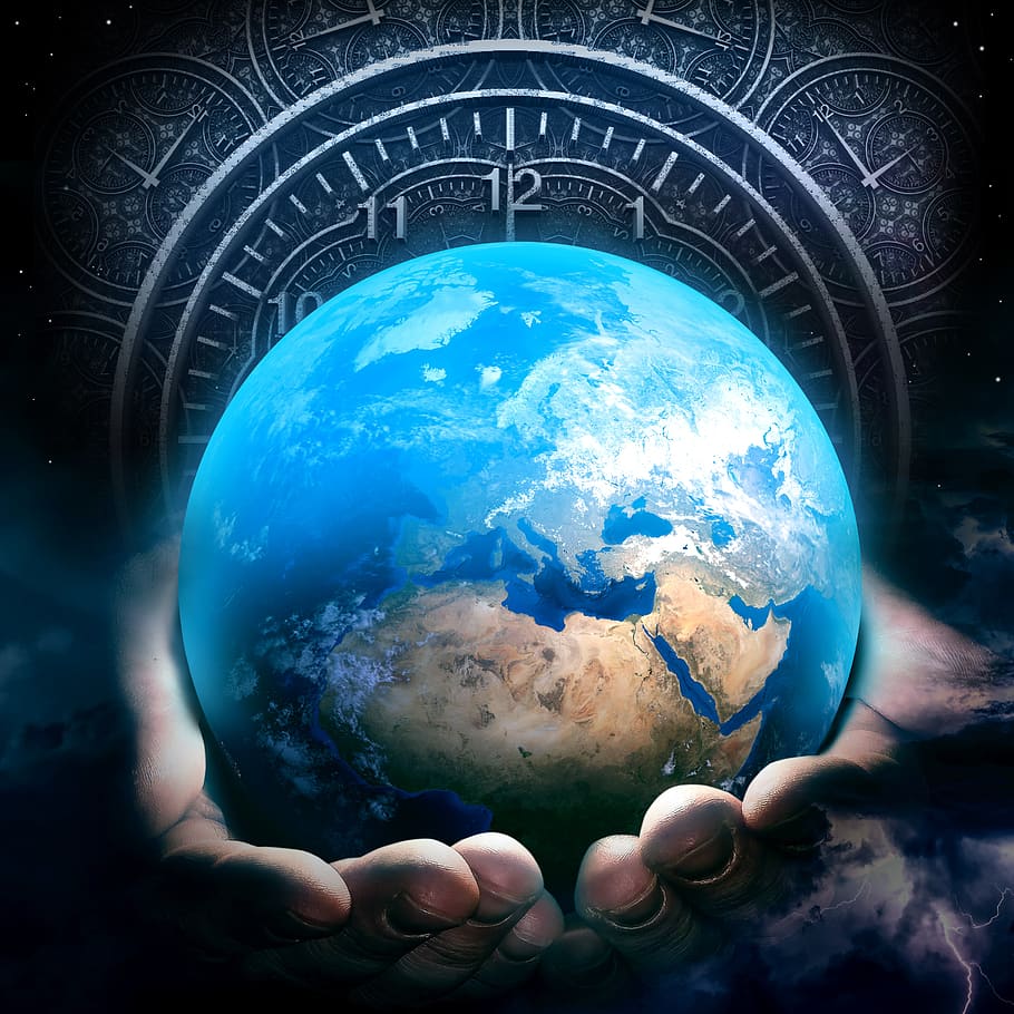 bumi, jam, waktu, tangan, memegang, peduli, dunia, bola dunia, planet, hari bumi