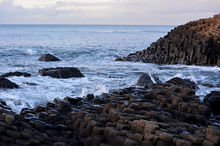 giant's causeway, northern ireland, rocks, rock formation, nature, unseco, sea, rock, solid, water