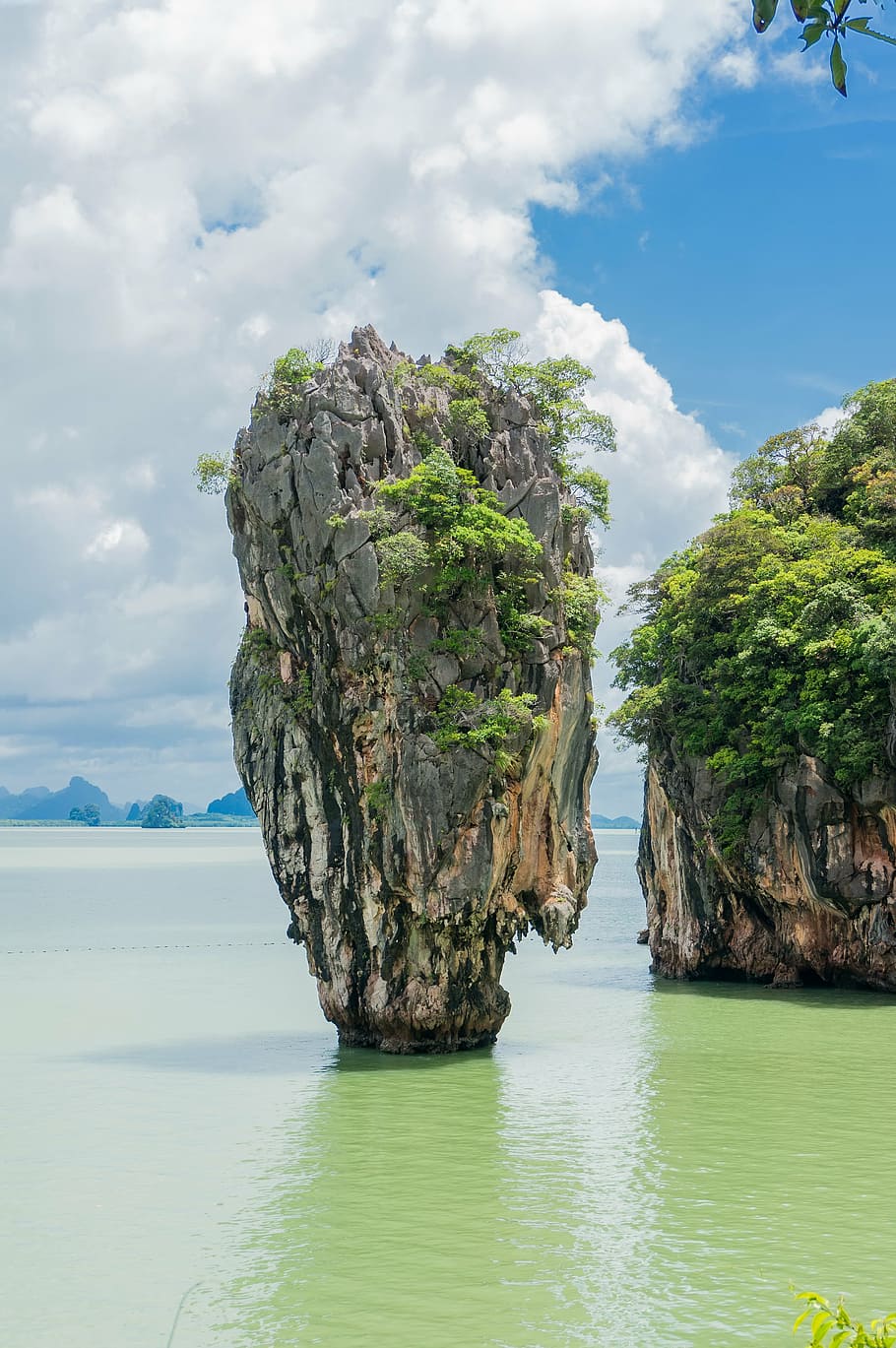 plant, covered, rock formation, limestone cliff, phang nga bay, landscape, natural, mountain, rock, ocean