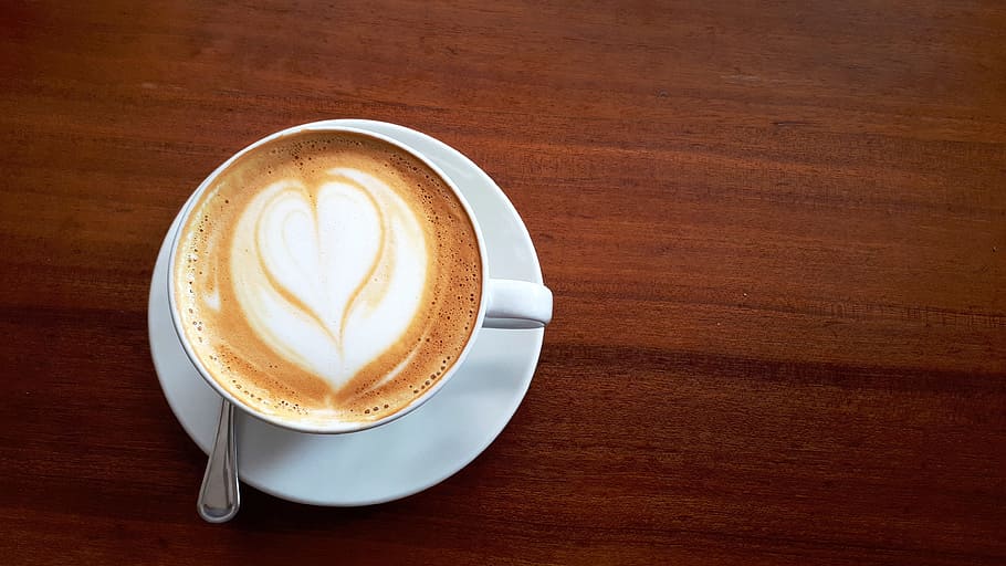 latte art, white, ceramic, mug, coffee, table, cup, cappuccino, morning, restaurant