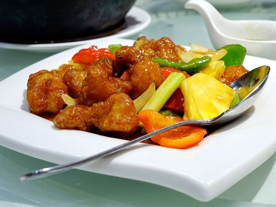 sweet, sour, chicken, vegetables, white, ceramic, plate, sweet and sour pork, 咕噜肉, chinese