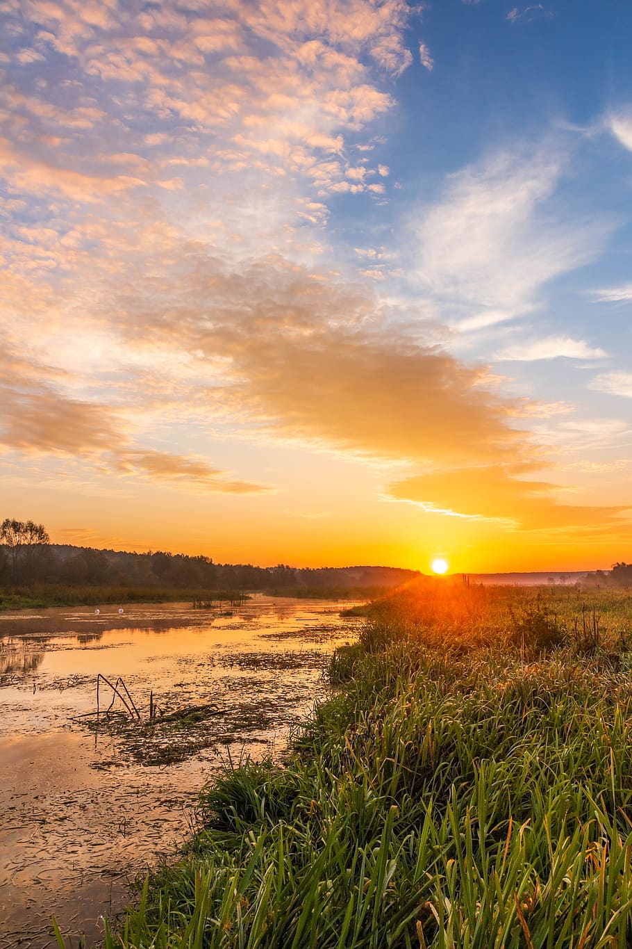 sunrise, river, sky, landscape, water, nature, the sun, in the morning, scenery, light